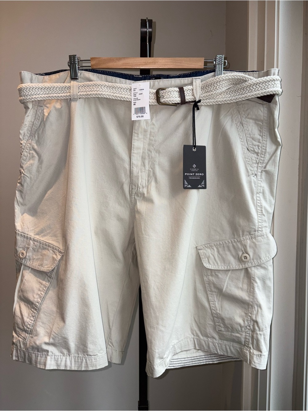 NWT Point Zero Cargo Shorts with Braided Belt Size 46 Cream Beige Utility Shorts